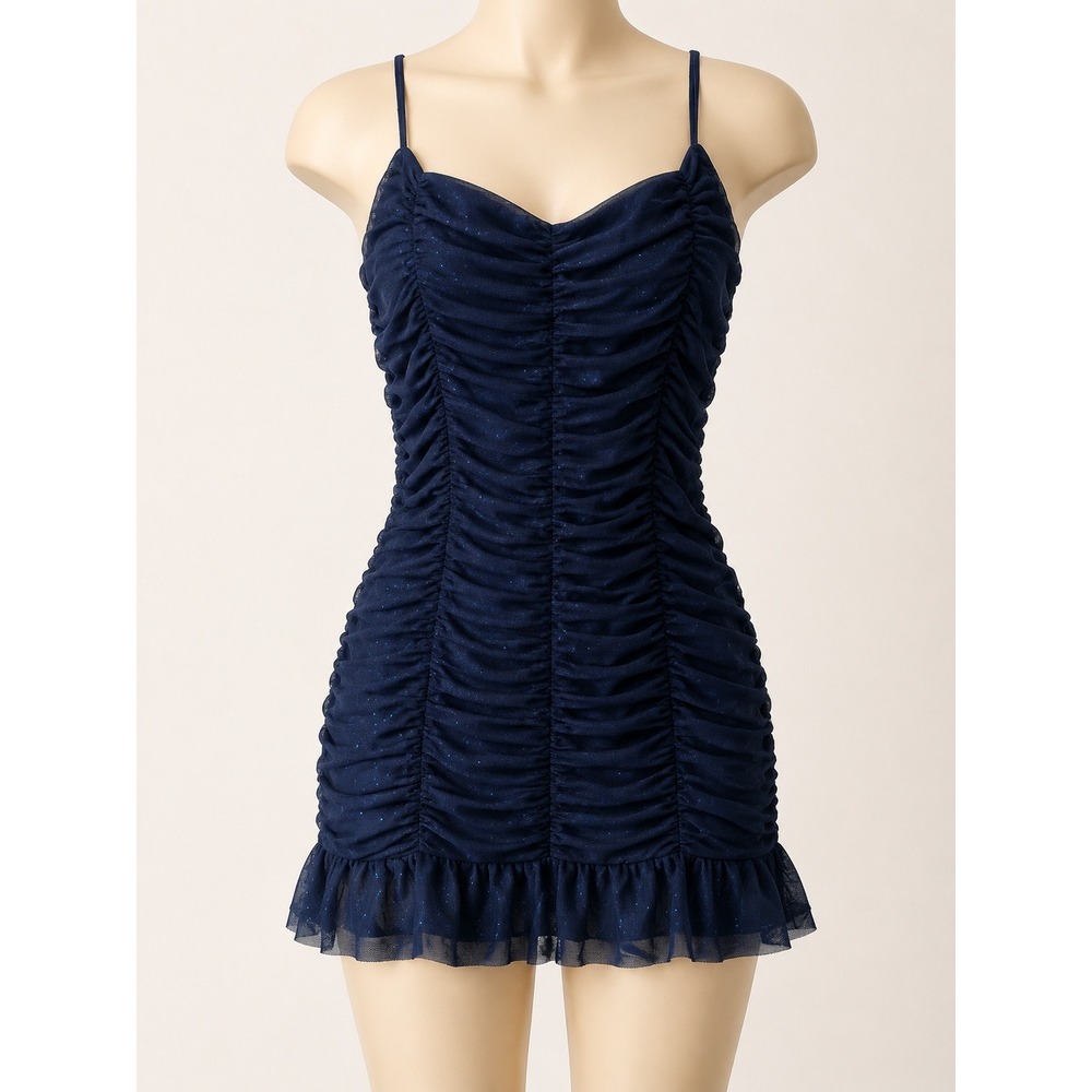 Midnight Doll Navy Blue Glitter Ruched Bodycon Mini Dress XMW17526 Sleeveless M